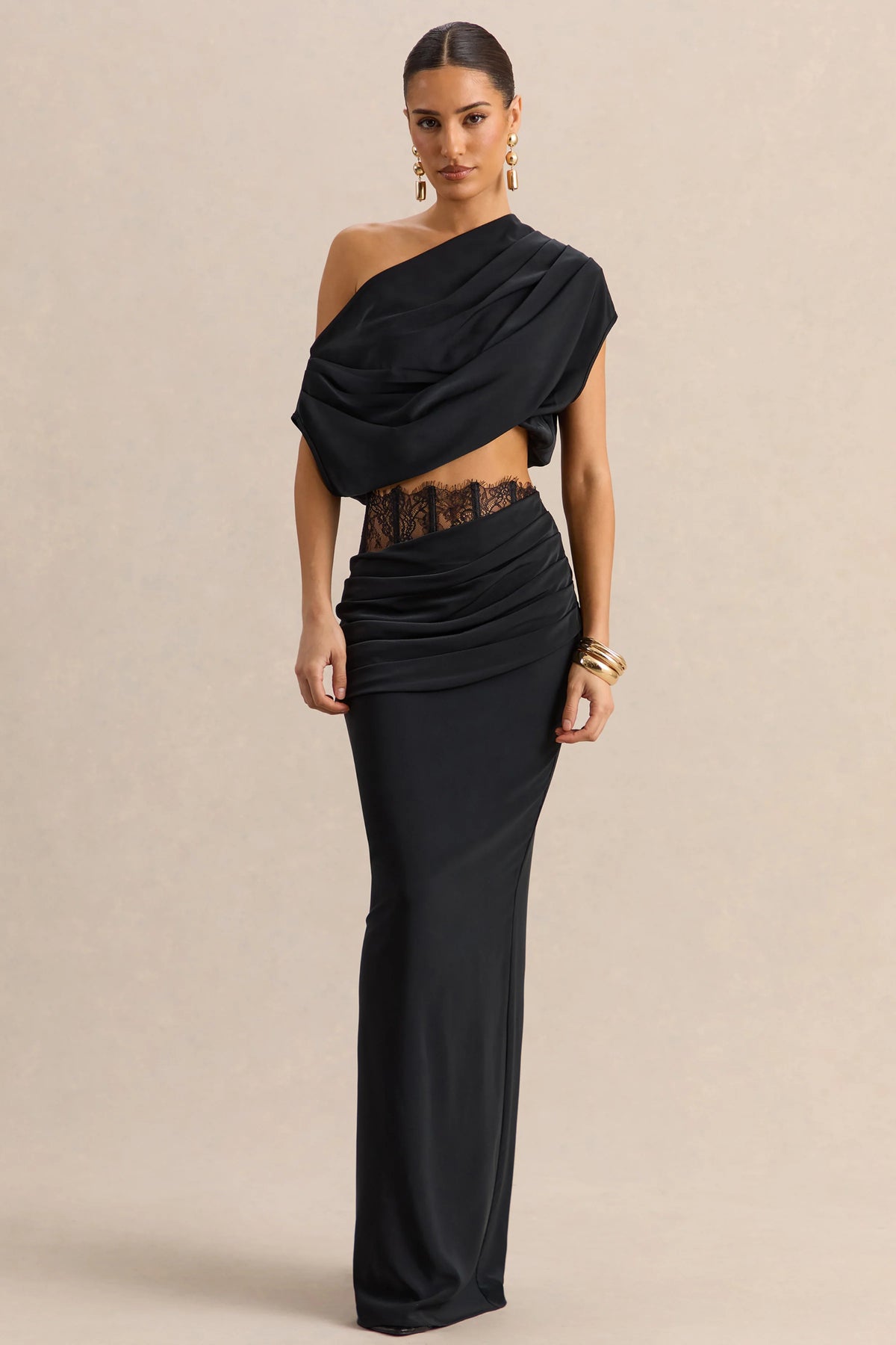 Silora | Black Satin Maxi Skirt With Lace-Detail