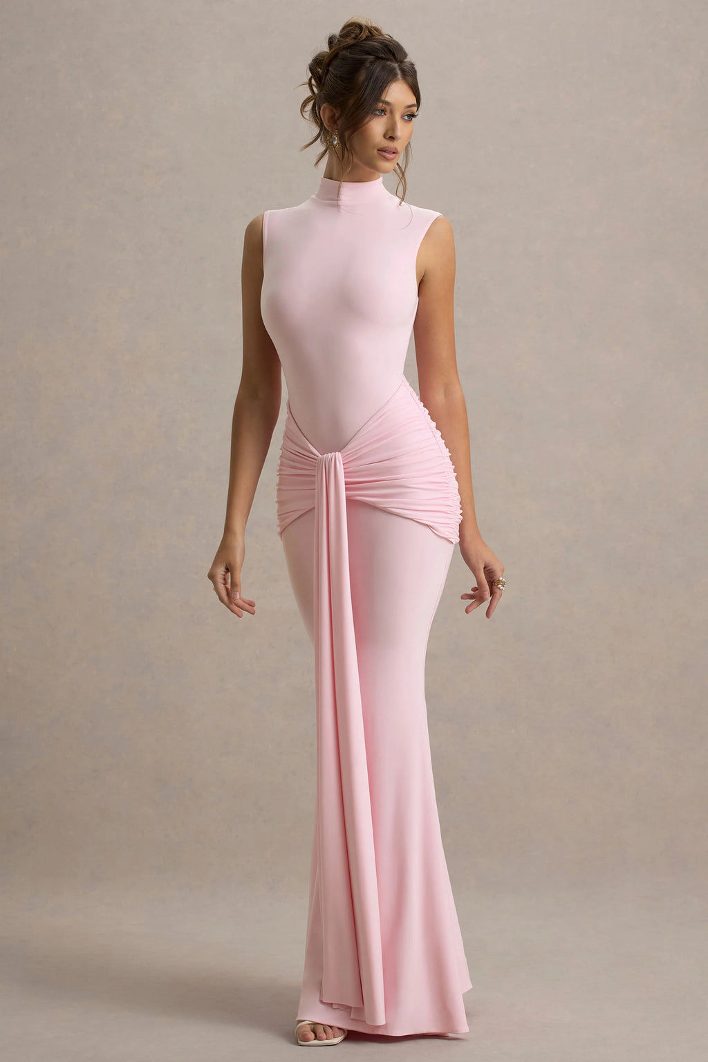 Graziana | Pink High-Neck Gathered Draped Maxi Dress