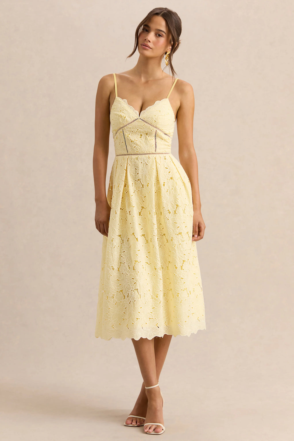 Nicoline | Lemon Lace Sweetheart Midi Dress With Cami Straps