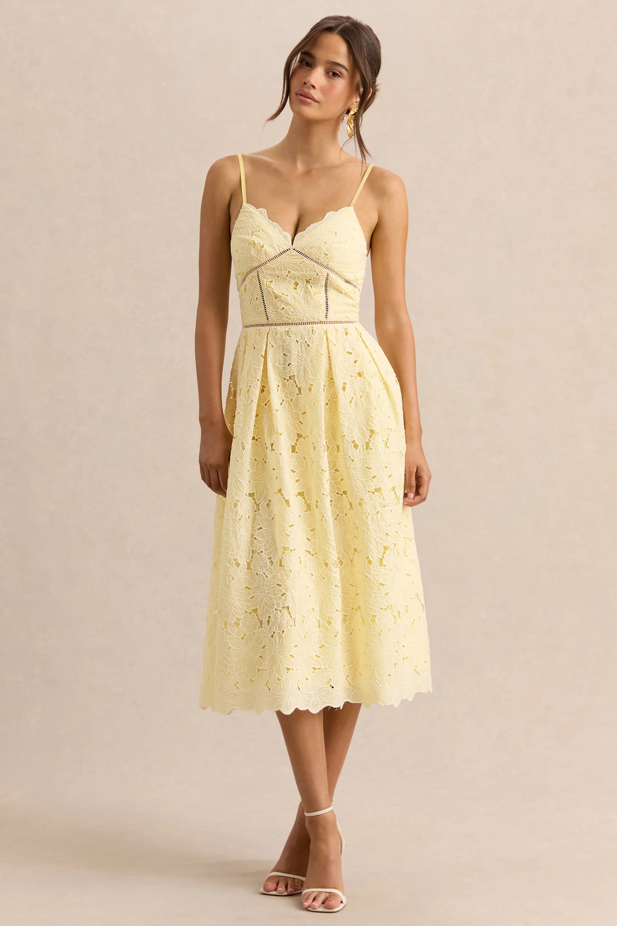 Nicoline | Lemon Lace Sweetheart Midi Dress With Cami Straps