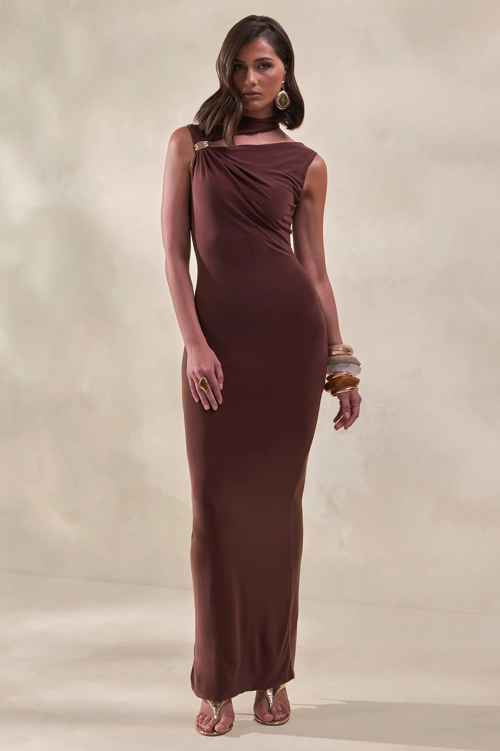 Cyrilla | Brown High-Neck Maxi Dress With Gold-Detail