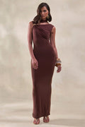 Cyrilla | Brown High-Neck Maxi Dress With Gold-Detail