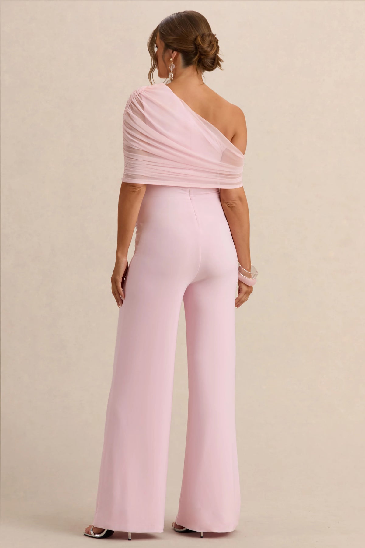 Mariska | Light Pink Asymmetric-Neck Maternity Jumpsuit With Sash Detail