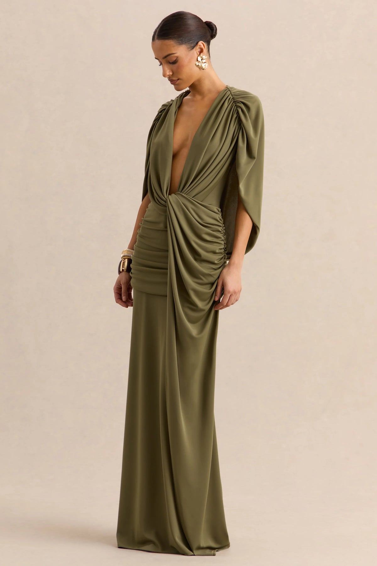 Marisea | Green Plunge-Neck Maxi Dress With Cape-Sleeves