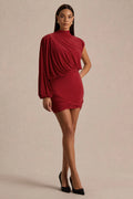 Zelda | Red High-Neck Mini Dress With One-Long Sleeve And Twisted Detail