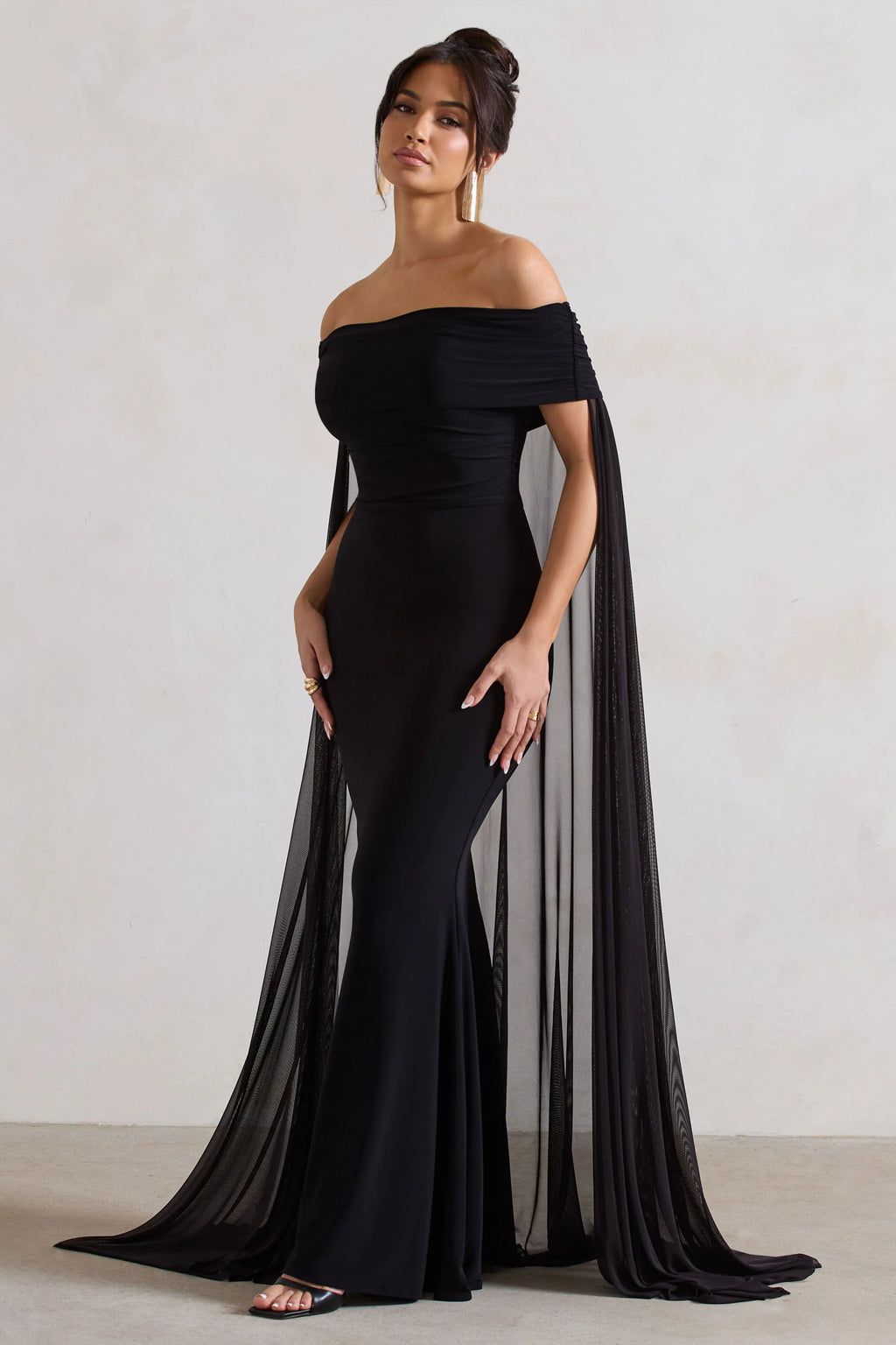 Carlotta | Black Bardot Maxi Dress With Chiffon Cape