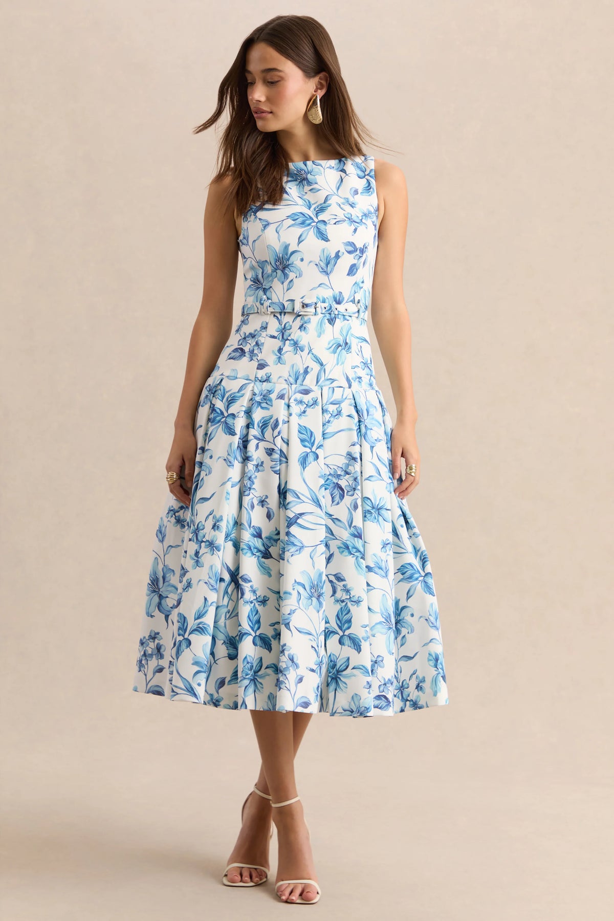 Sunnira | Blue Porcelain Print Boat-Neck Midi Dress With Drop-Waist