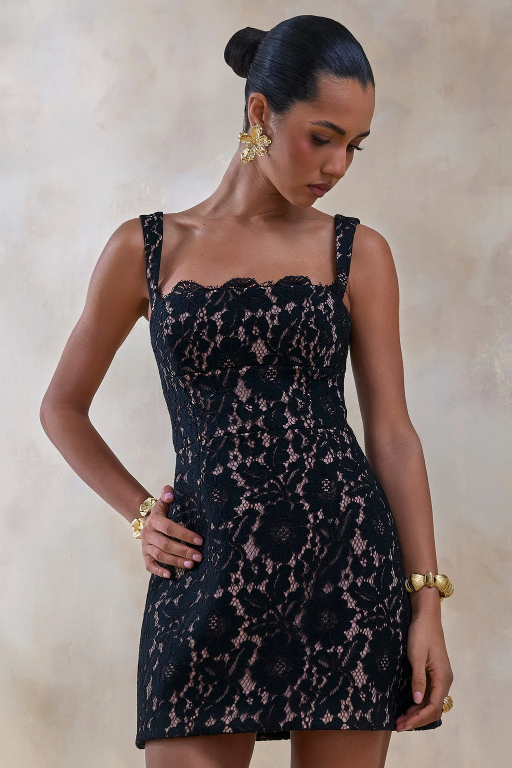 Orelisse | Black Lace Square-Neck Mini Dress