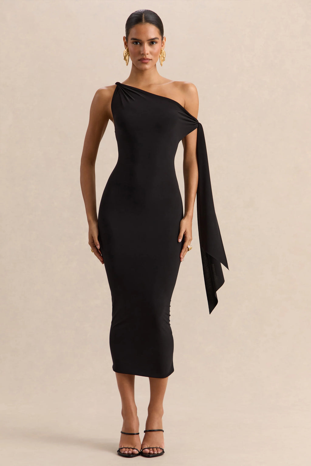 Arcelia | Black Asymmetric-Neck Midi Dress With Knot-Sleeve Detail