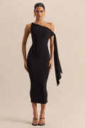 Arcelia | Black Asymmetric-Neck Midi Dress With Knot-Sleeve Detail