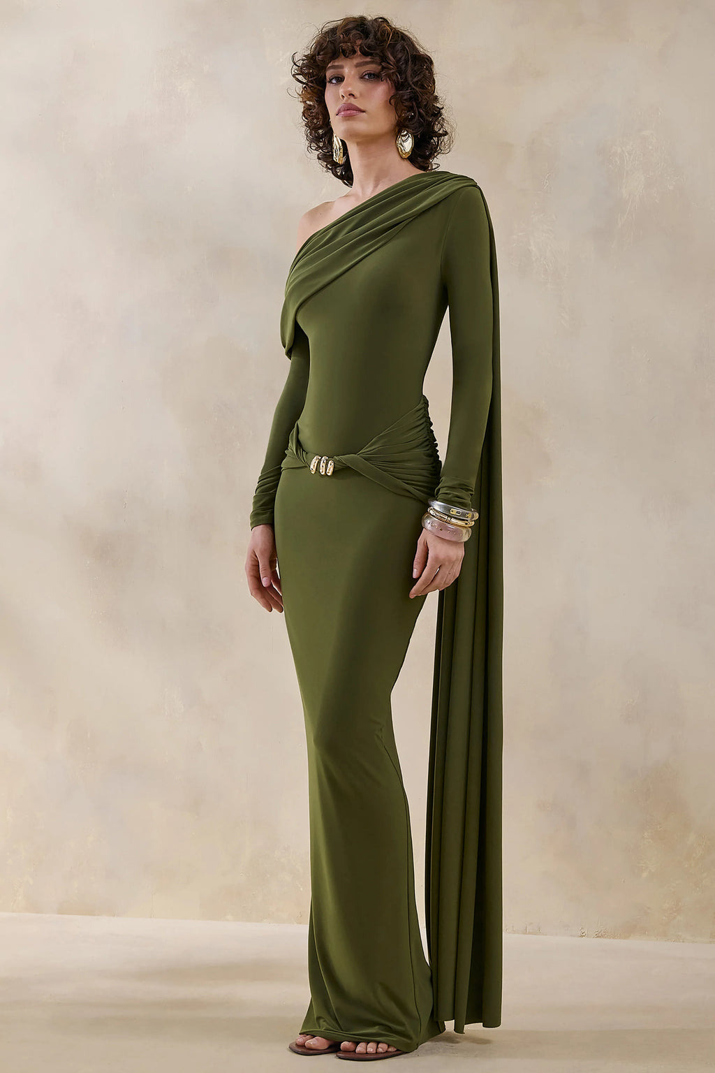 Bessy | Green Asymmetric-Neck Maxi Dress With Gathered-Detailing And Sash