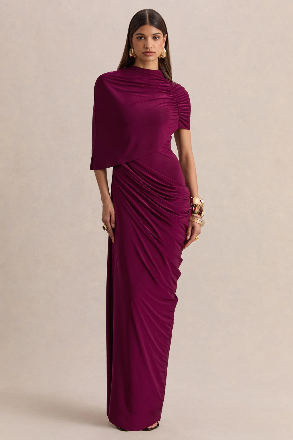 Lunaline | Burgundy High-Neck Maxi Dress With Asymmetric Cape And Draped-Detailing