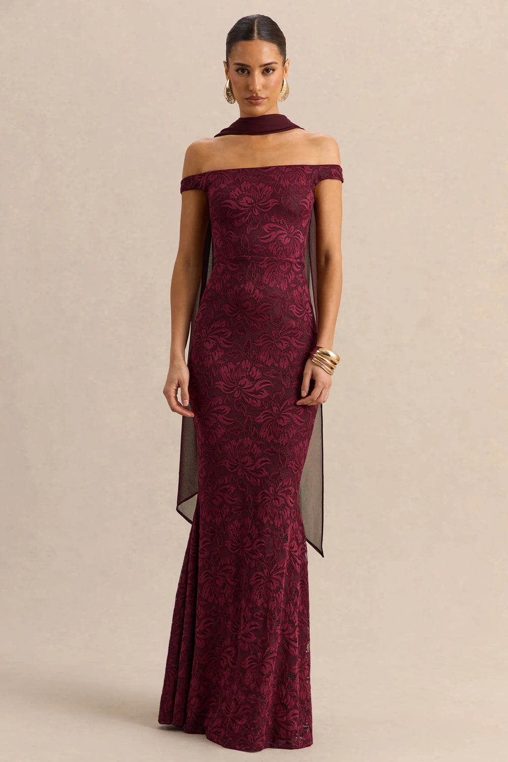 Iselle | Burgundy Lace Bardot-Neck Maxi Dress With Scarf-Detail