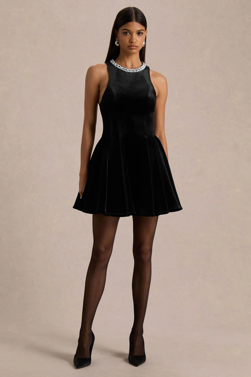 Meva | Black Velvet Hand-Embellished High-Neck Mini Dress