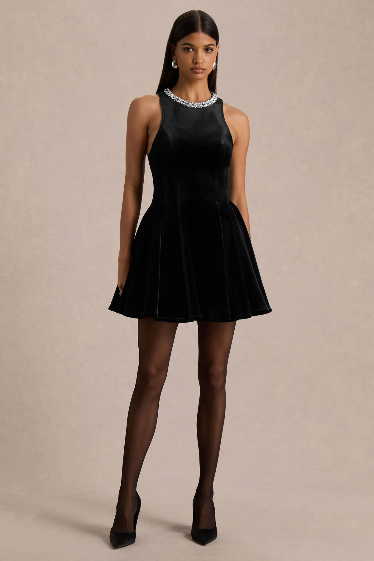 Meva | Black Velvet Hand-Embellished High-Neck Mini Dress