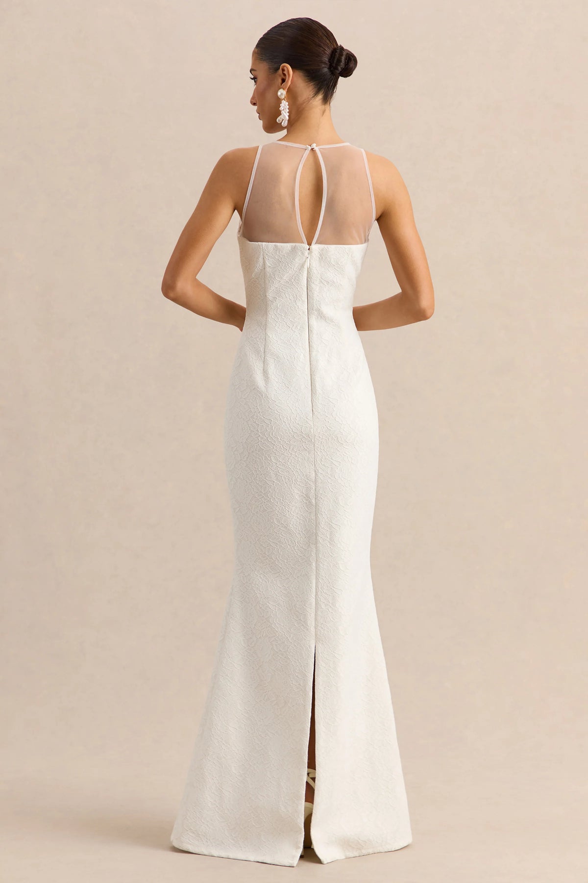 Rosevine | White Crew-Neck Maxi Dress With Mesh Panel