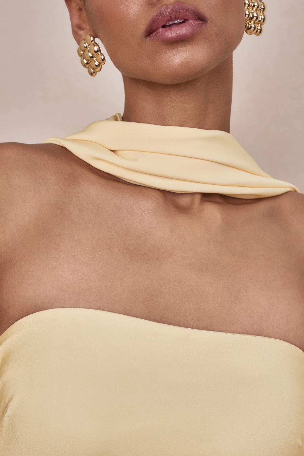 Charly | Lemon Matte Satin Bandeau Maxi Dress With Scarf-Detail