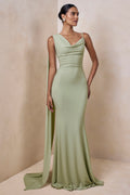 Kenza | Mint Asymmetric-Neck Maxi Dress With Scarf-Detail