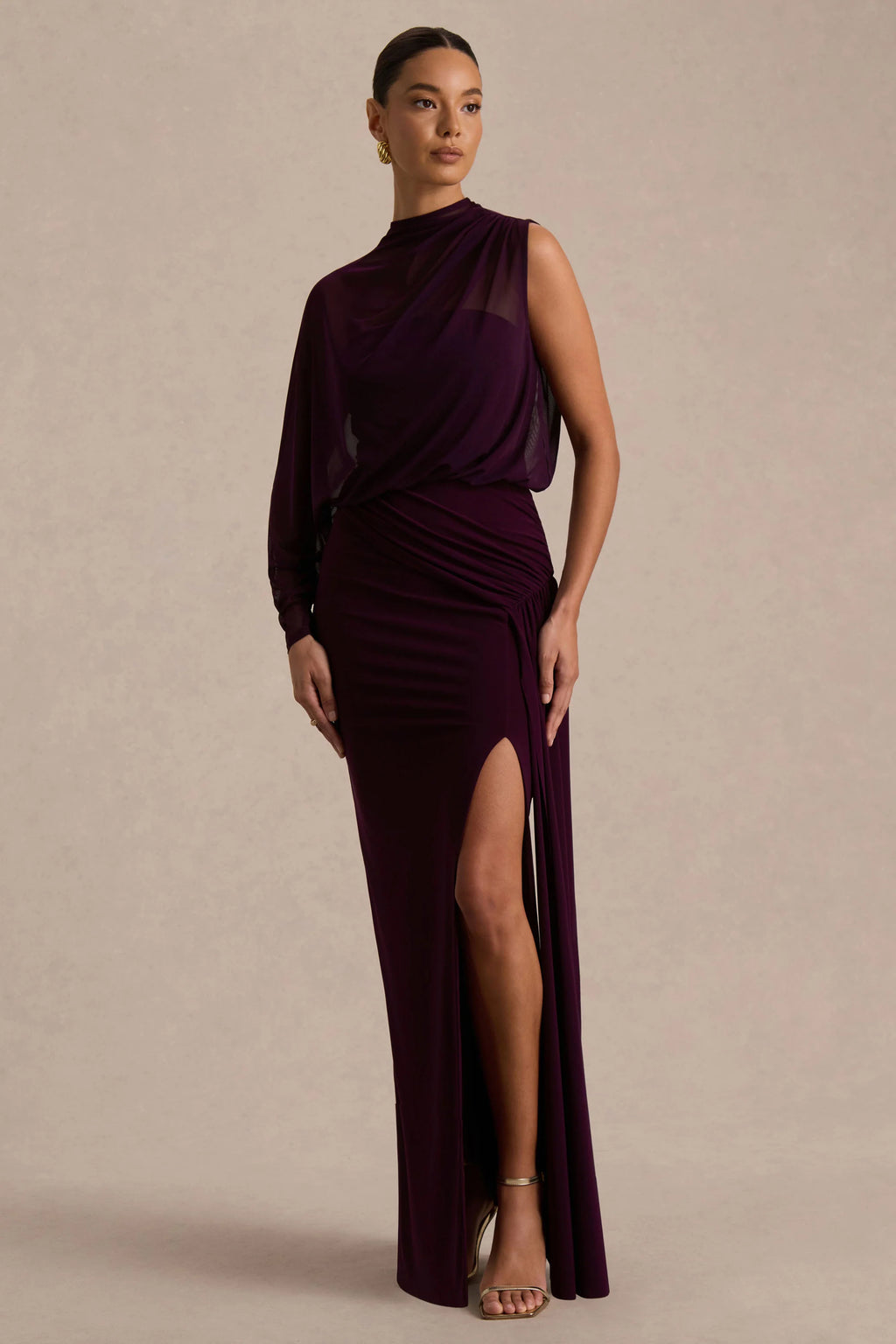 Aurelia | Dark Plum High-Neck Wrapped Maxi Dress With One-Cape Sleeve