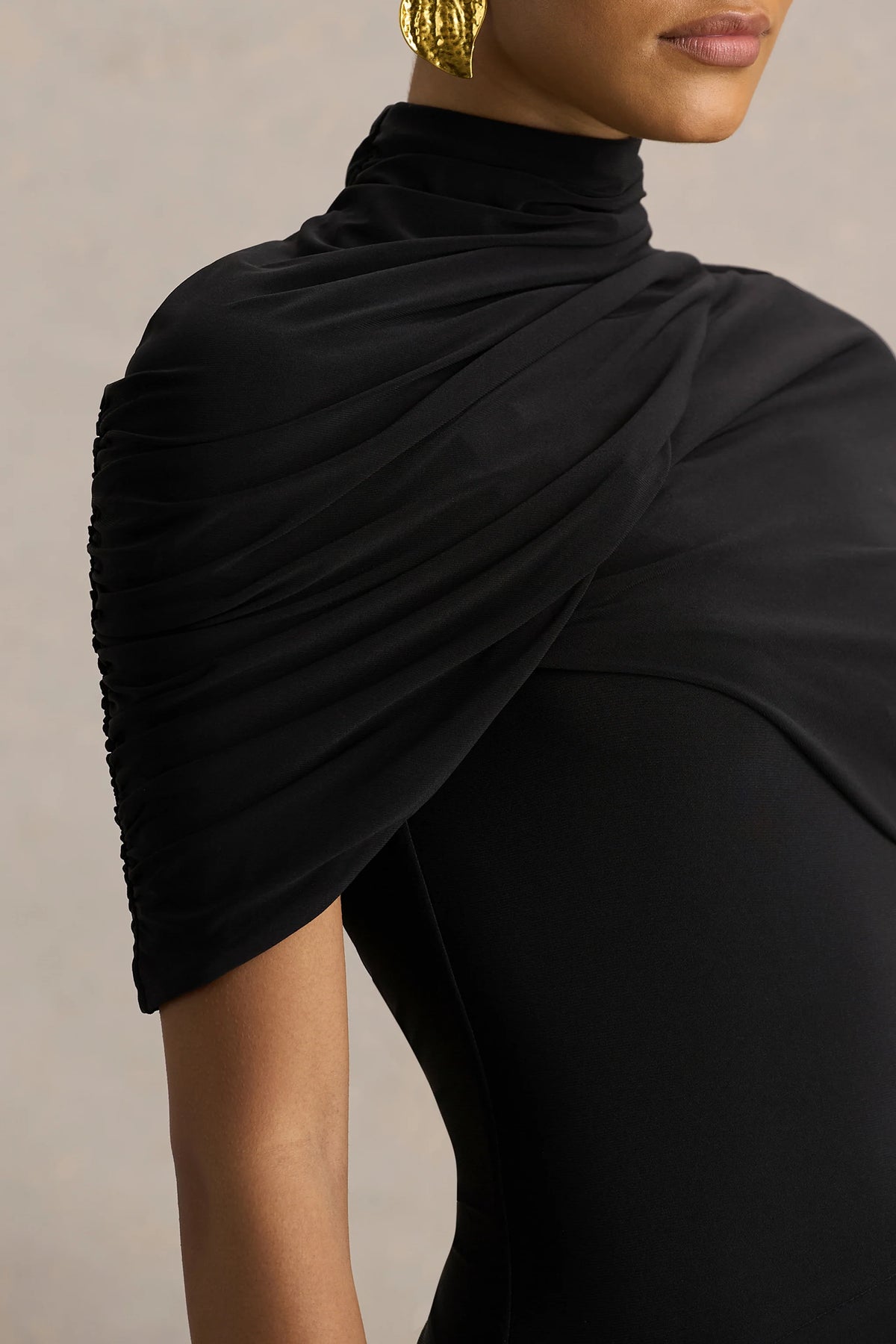 Enchant | Black Asymmetric Twisted Cape Midi Dress