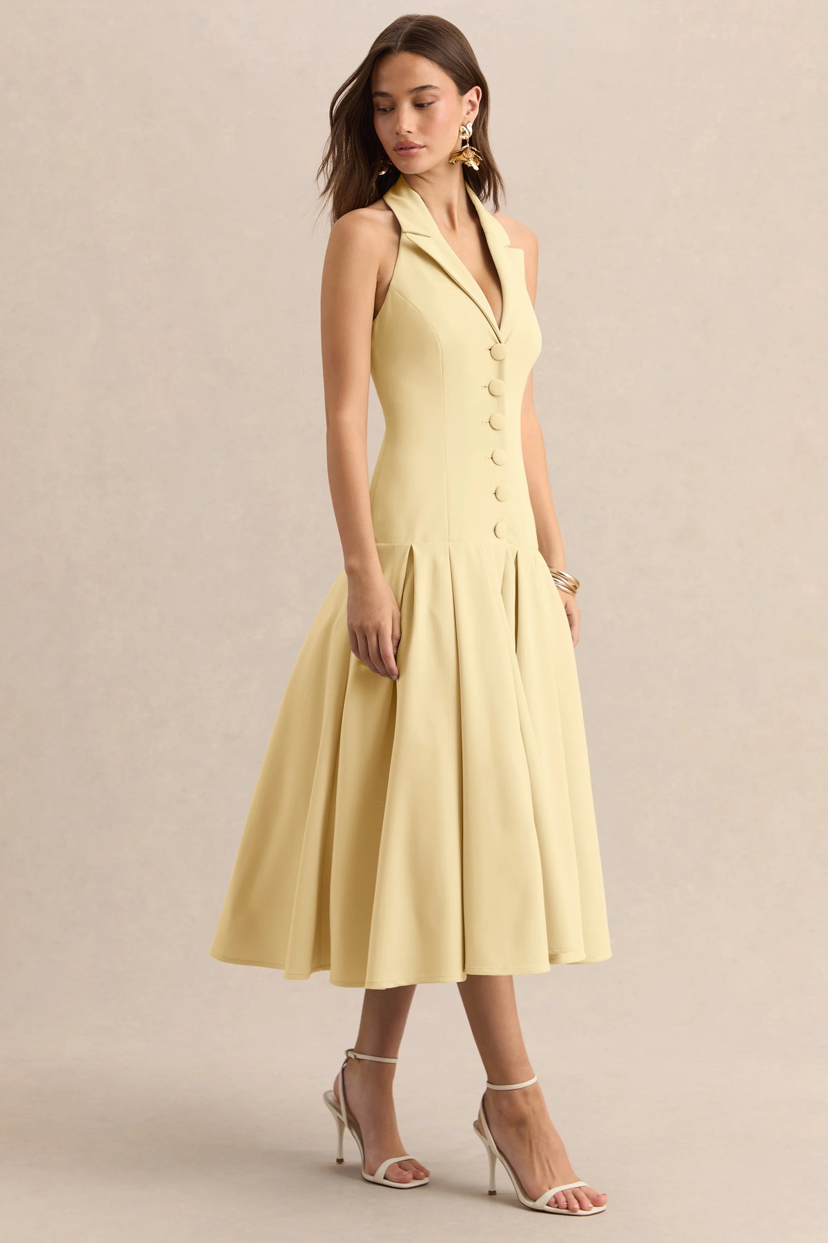 Elise | Lemon Plunge-Neck Midi Dress With Drop-Waist
