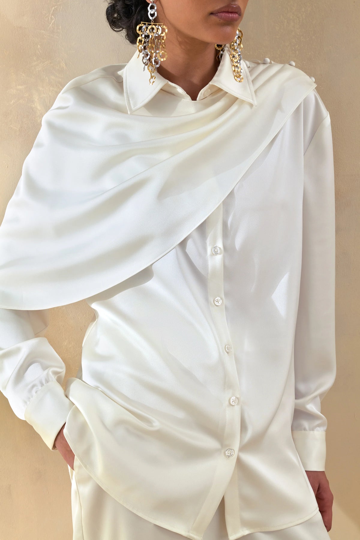 Serenza | Cream Satin Collared-Shirt With Cape-Detail