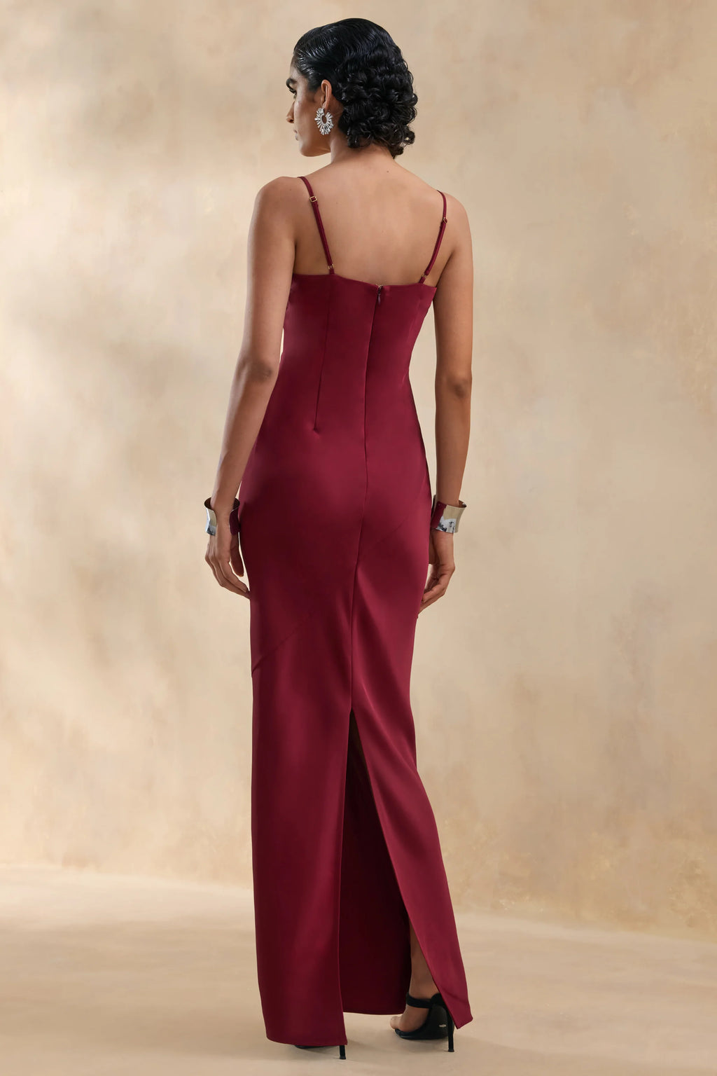 Yoli | Burgundy Satin Maxi Dress With Removable Twist-Cape