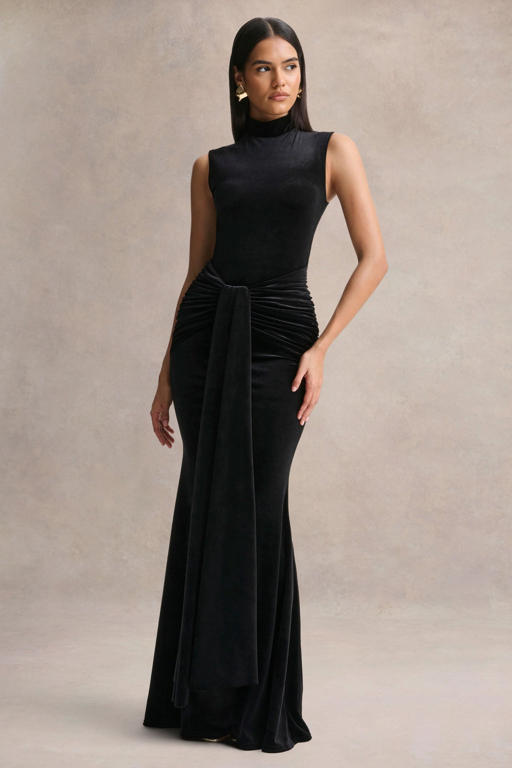 Idalina | Black Velvet High-Neck Maxi Dress With Gathered-Detailing