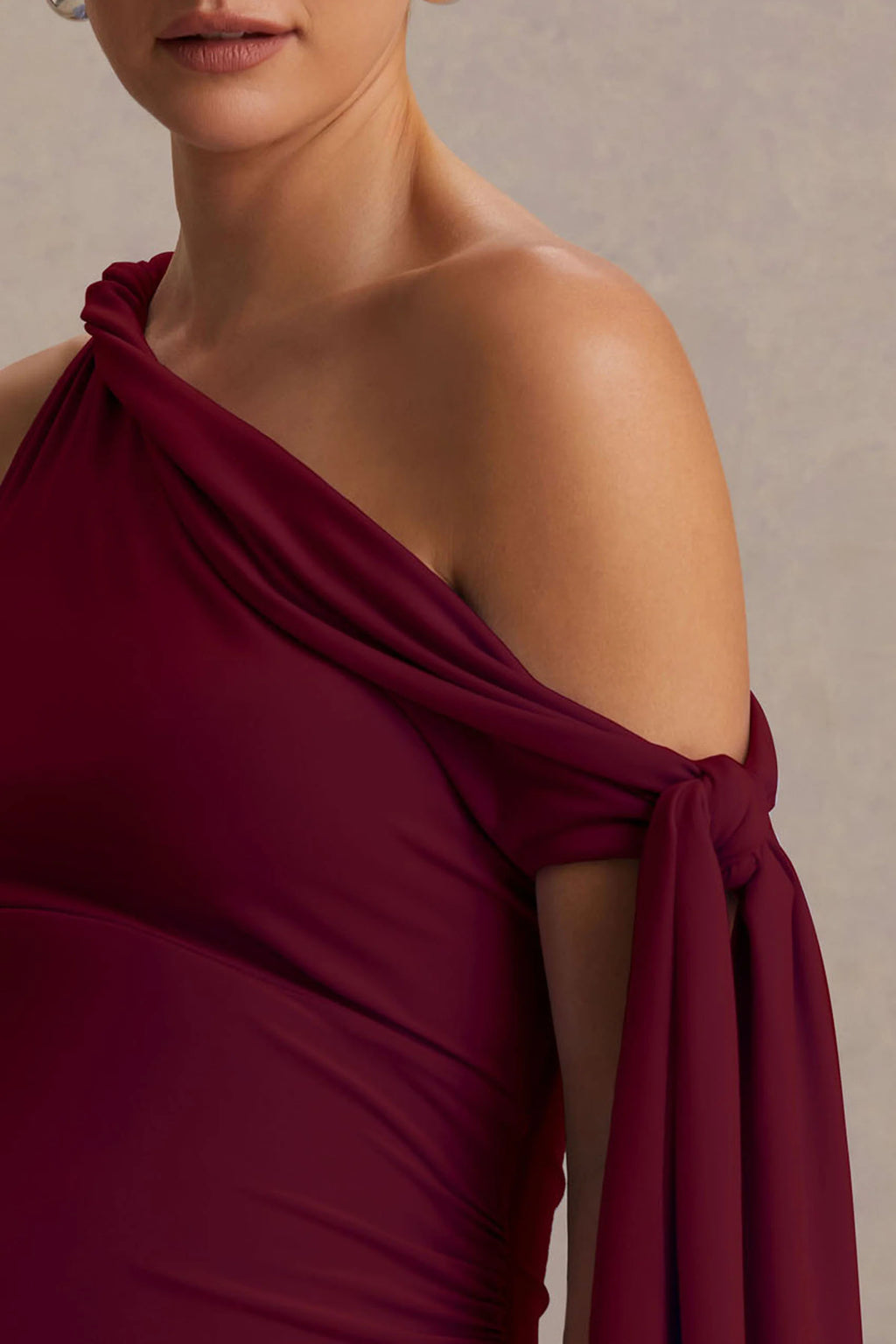 Orielle | Burgundy Asymmetric-Neck Maternity Maxi Dress With Knot-Sleeve And Sash