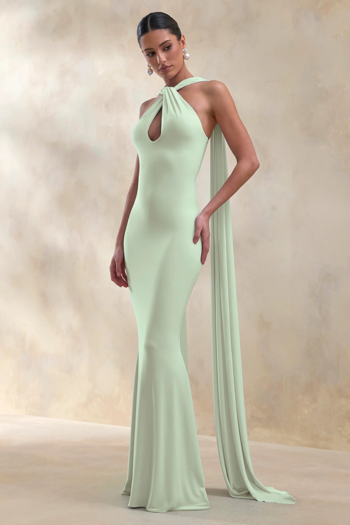 Rhoda | Mint Twist Halter-Neck Cape Maxi Dress