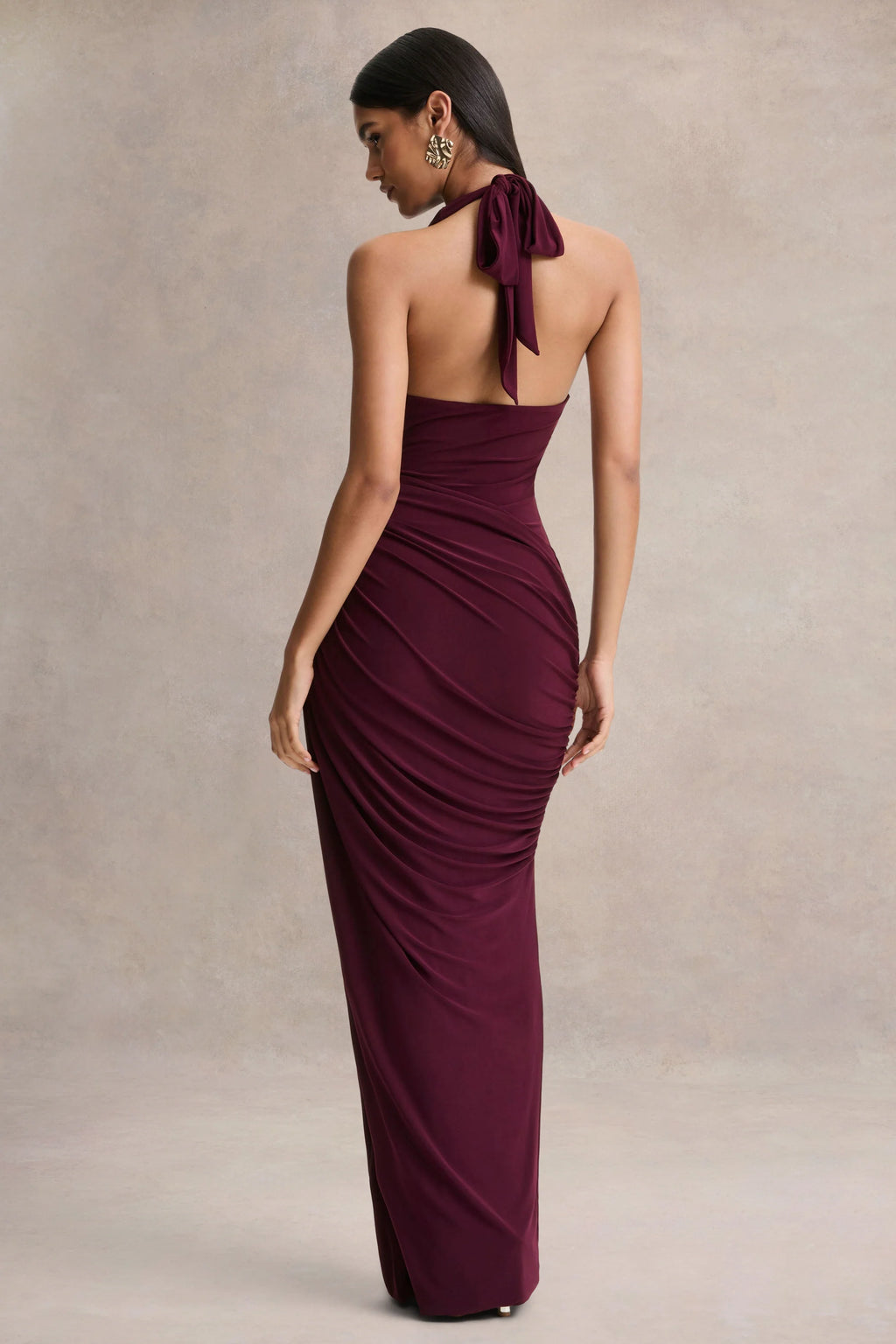 Cairo | Burgundy Cowl-Neck Maxi Dress With Gathered Detailing
