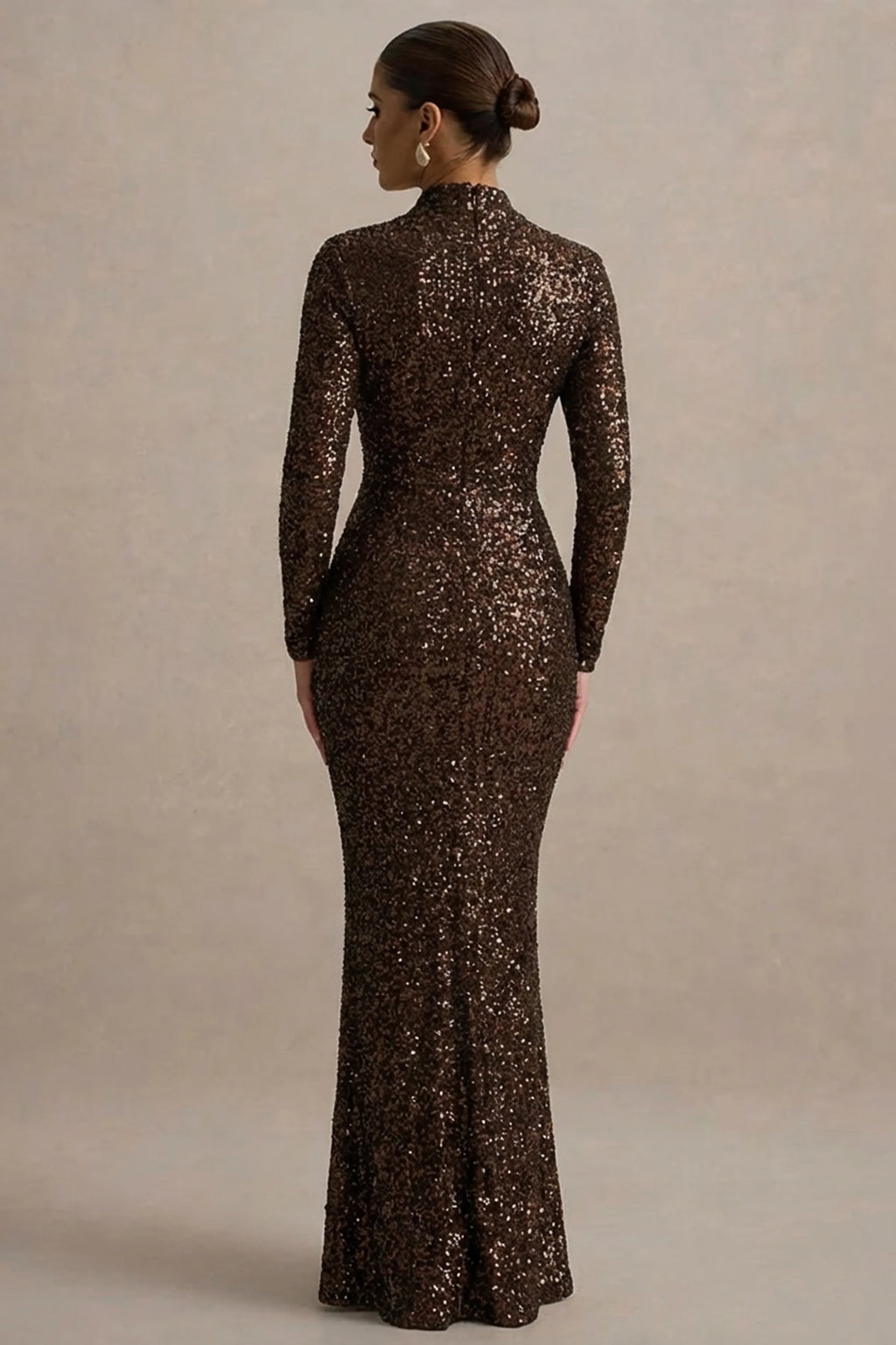 Galaxy | Brown Sequin Turtle-Neck Long-Sleeve Maxi Dress