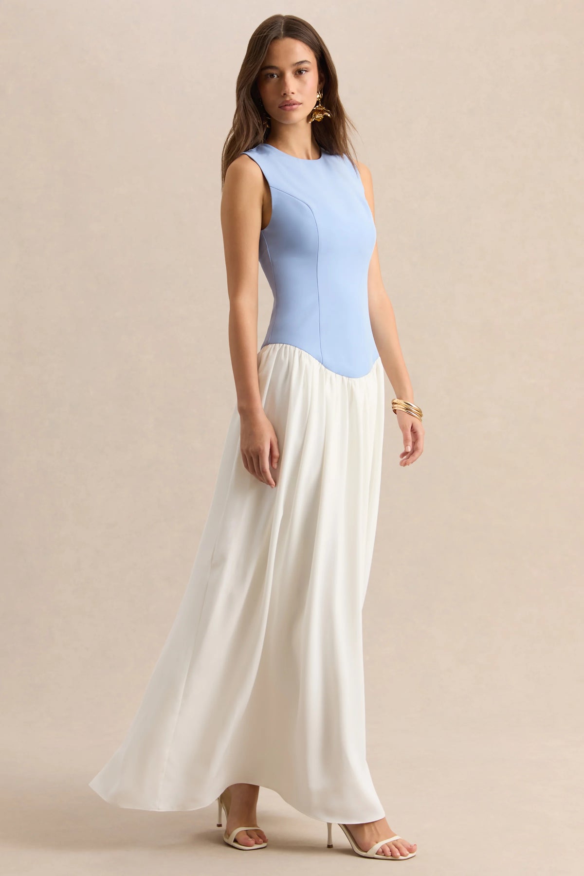 Iliana | Powder Blue And White Crew-Neck Maxi Dress With Drop-Waist And Pleated Skirt