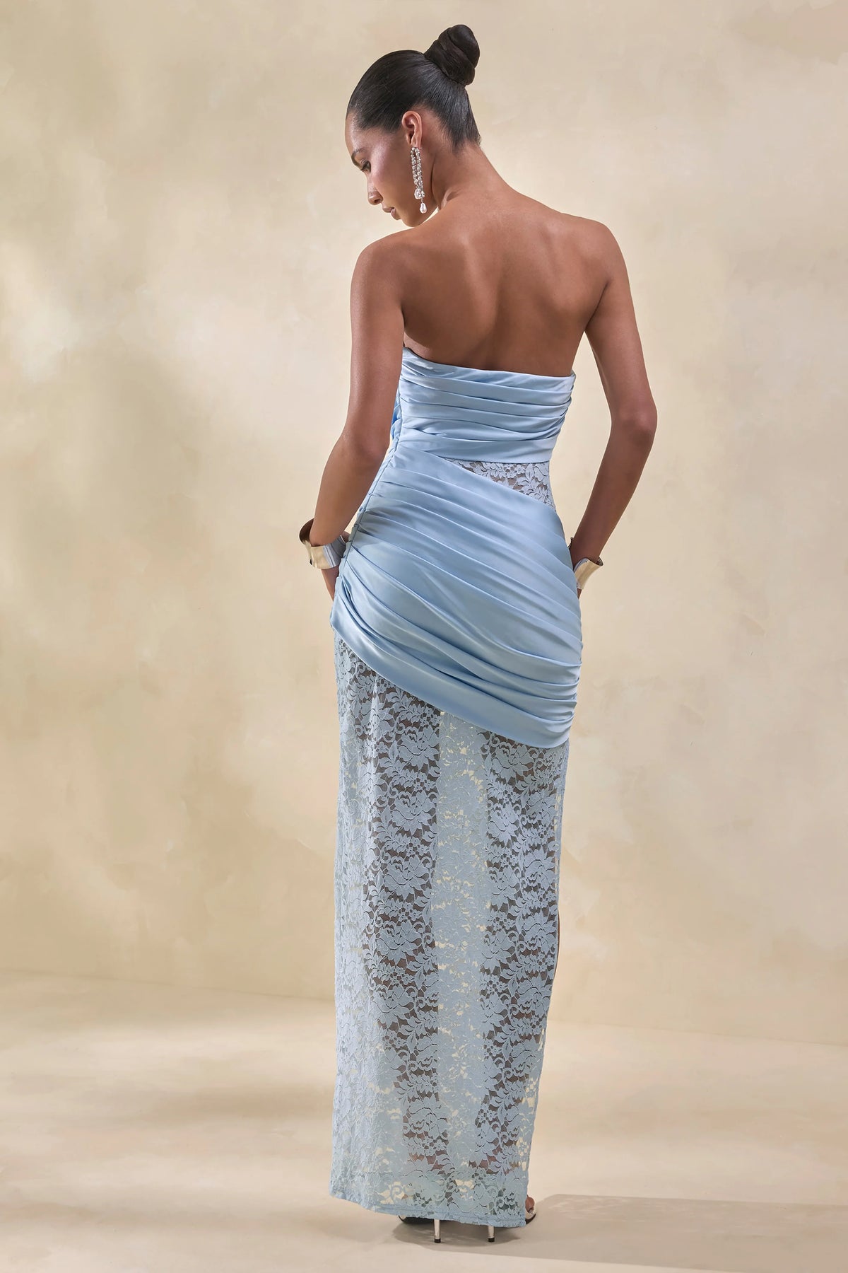 Dulcie | Powder Blue Lace And Satin Bandeau Maxi Dress With Wrap-Details