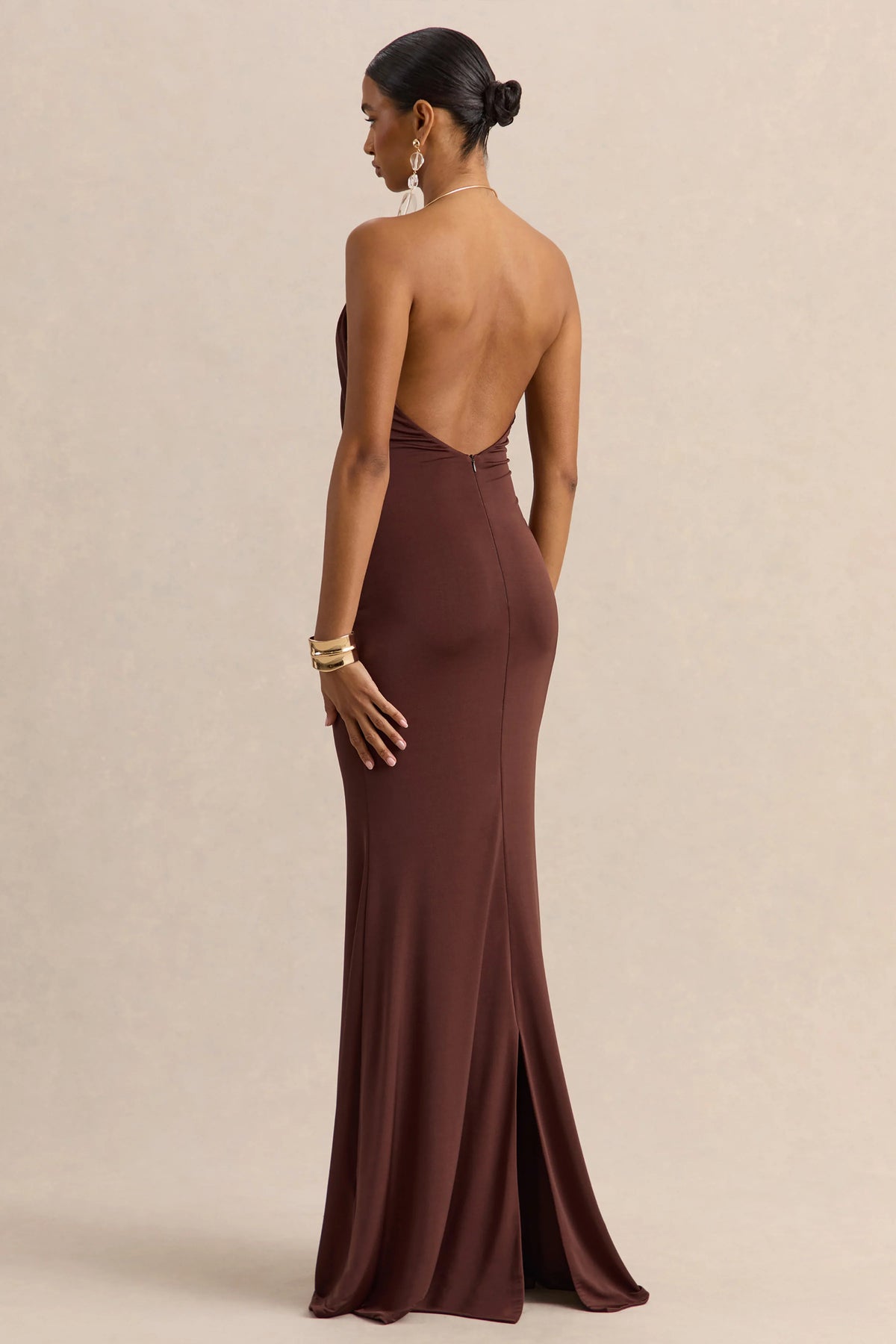 Chanterra | Brown Halter-Neck Maxi Dress With Draped-Detailing