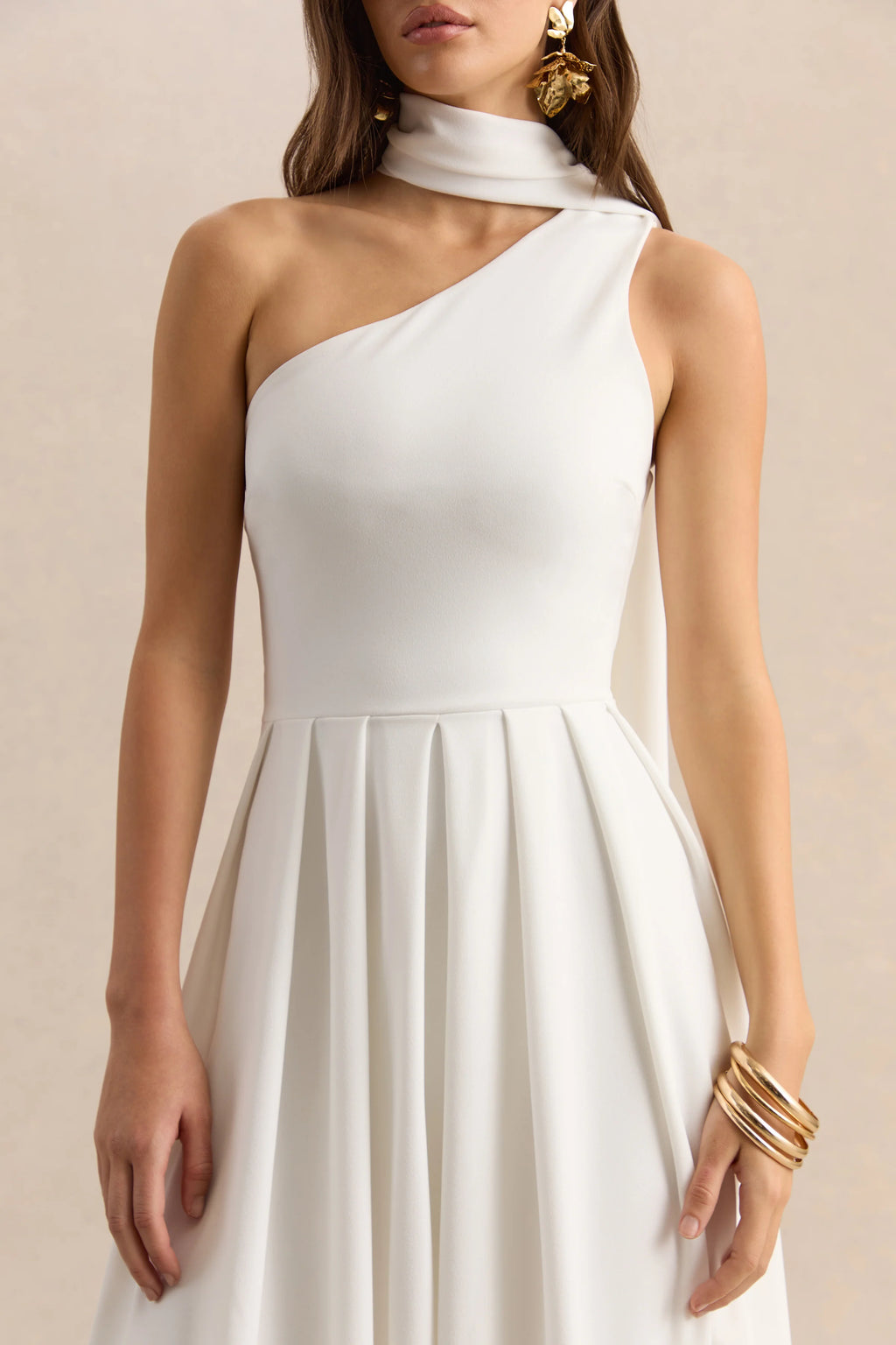 Odette | White Asymmetric-Neck Midi Dress With Scarf