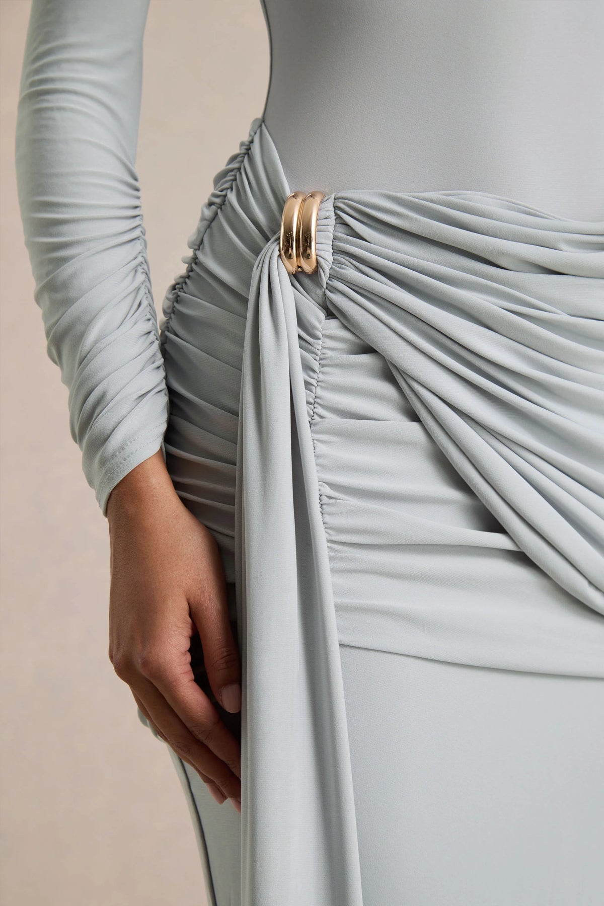 Melissa | Blue Long-Sleeve Wrap Maxi Dress With Draped Detailing