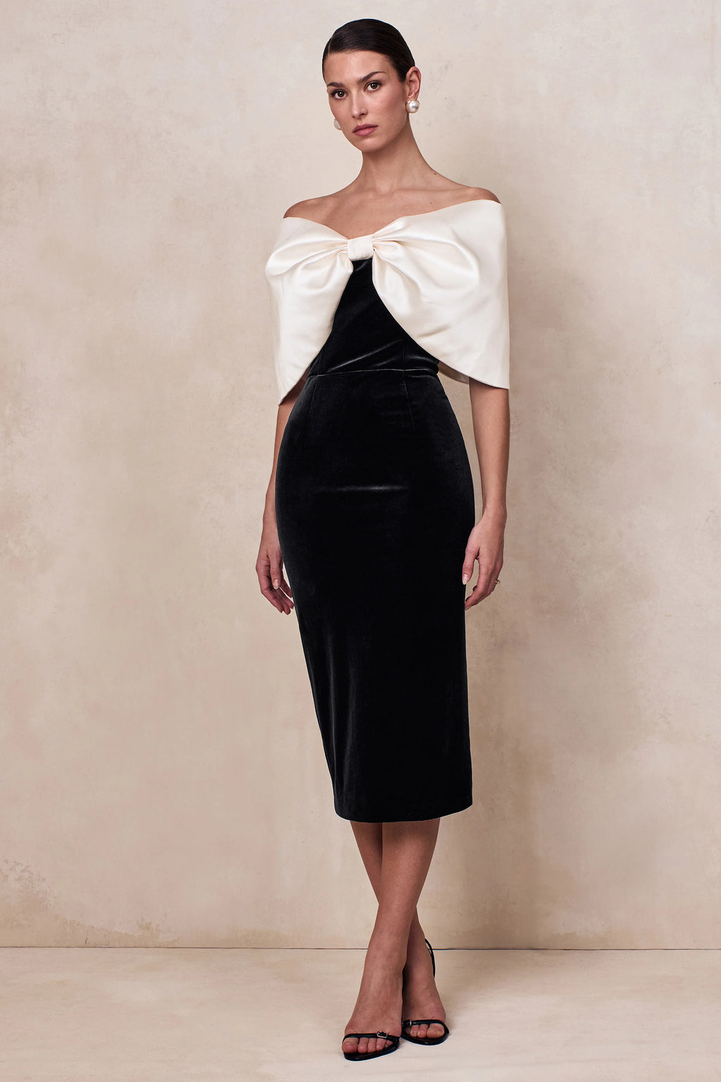 Twilight | Black And White Velvet Bardot-Neck Midi Dress With Oversized Satin Bow