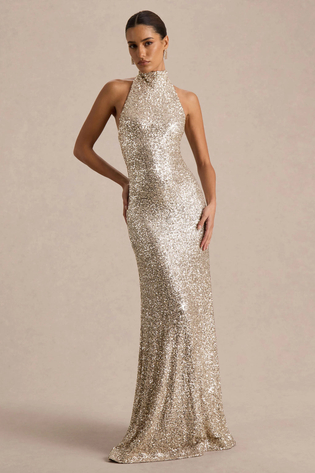 Tulia | Gold Sequin High-Neck Maxi Dress