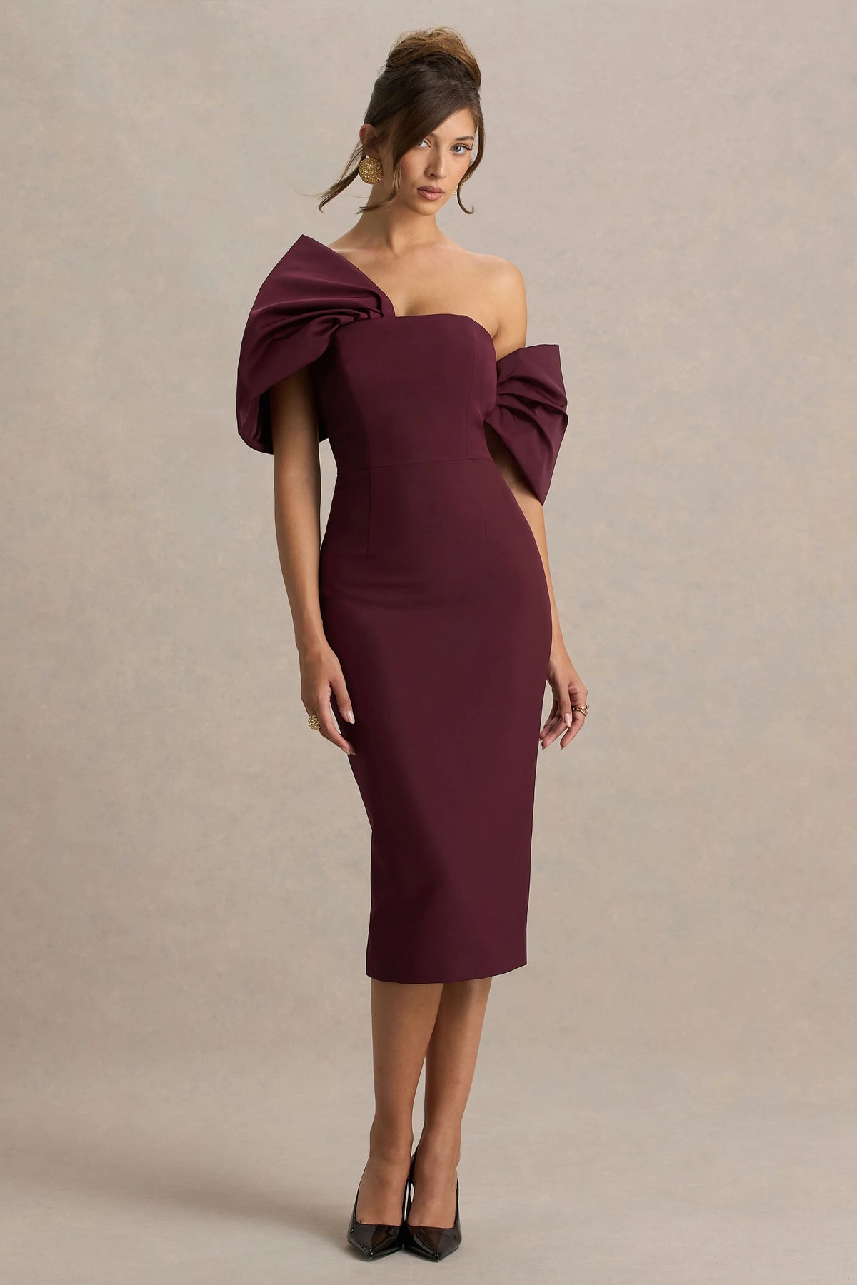 Lucille | Burgundy Asymmetric Bardot Midi Dress With Bow Detail