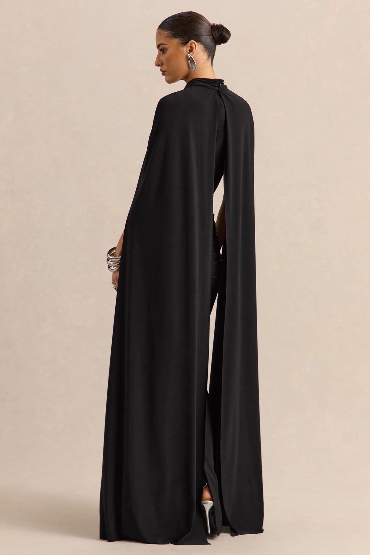 Dianelle | Black High-Neck Maxi Dress With Cape-Sleeves