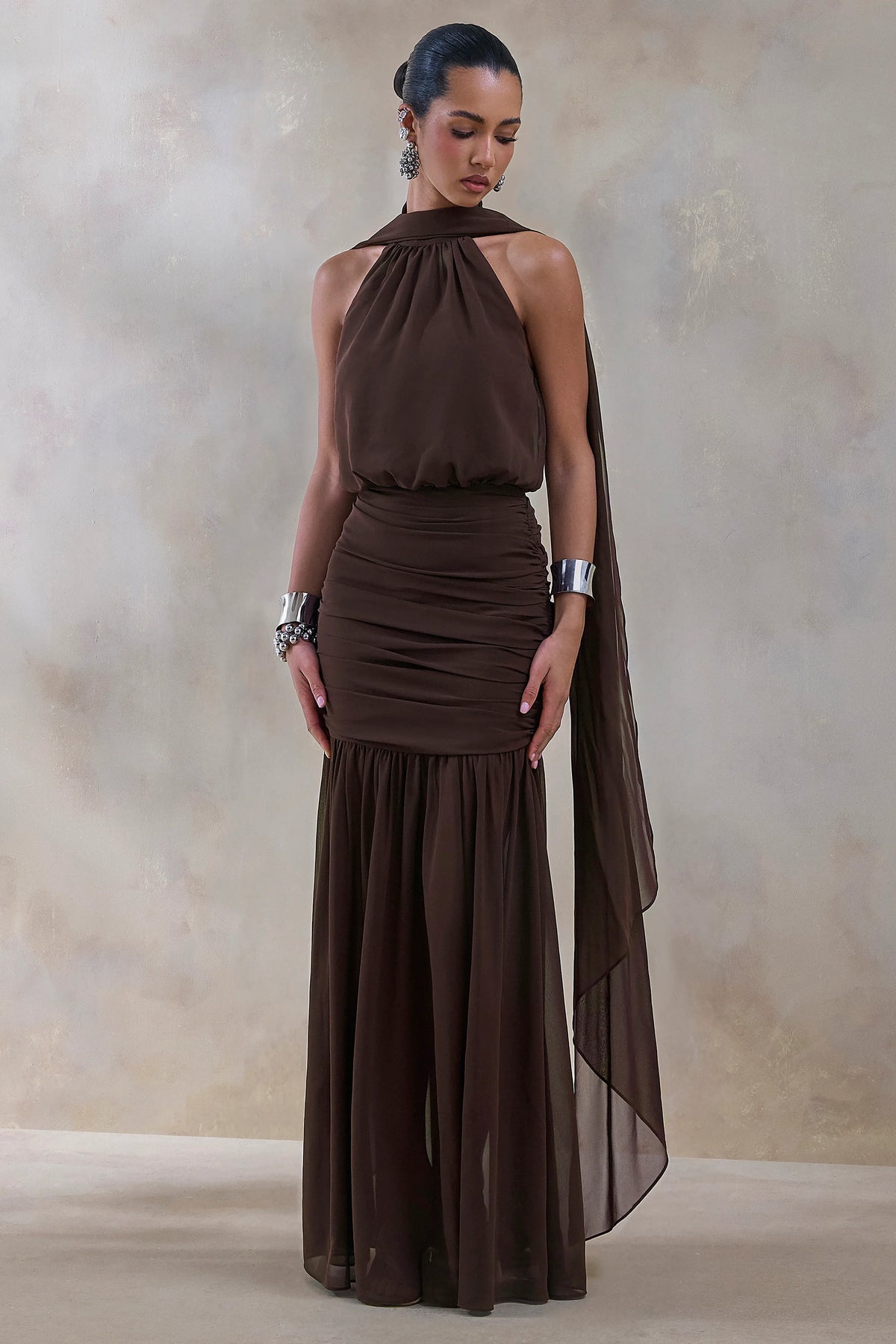 Veronique | Brown Halter-Neck Maxi Dress