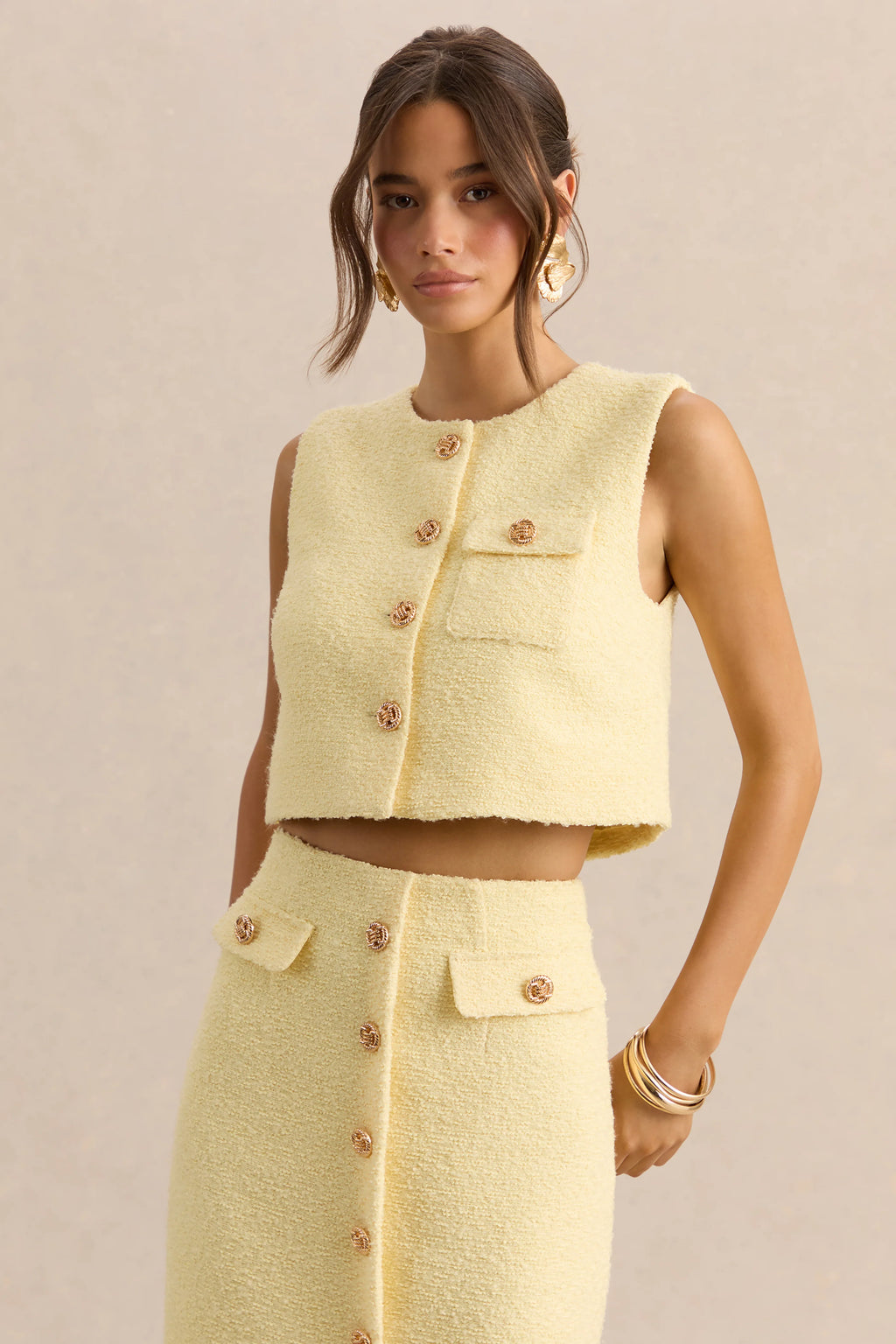 Emara | Lemon Round-Neck Top With Button-Detailing