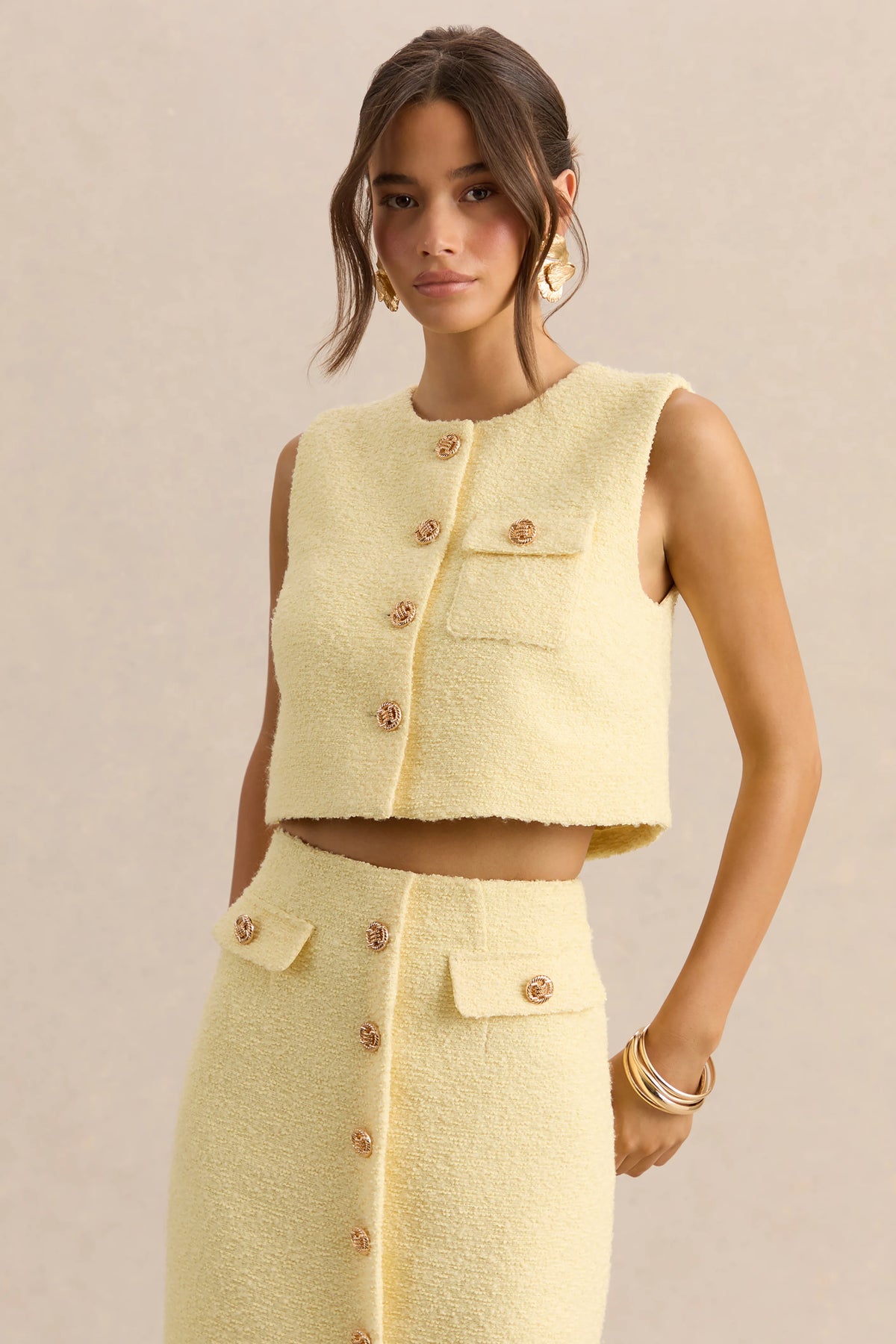 Emara | Lemon Round-Neck Top With Button-Detailing