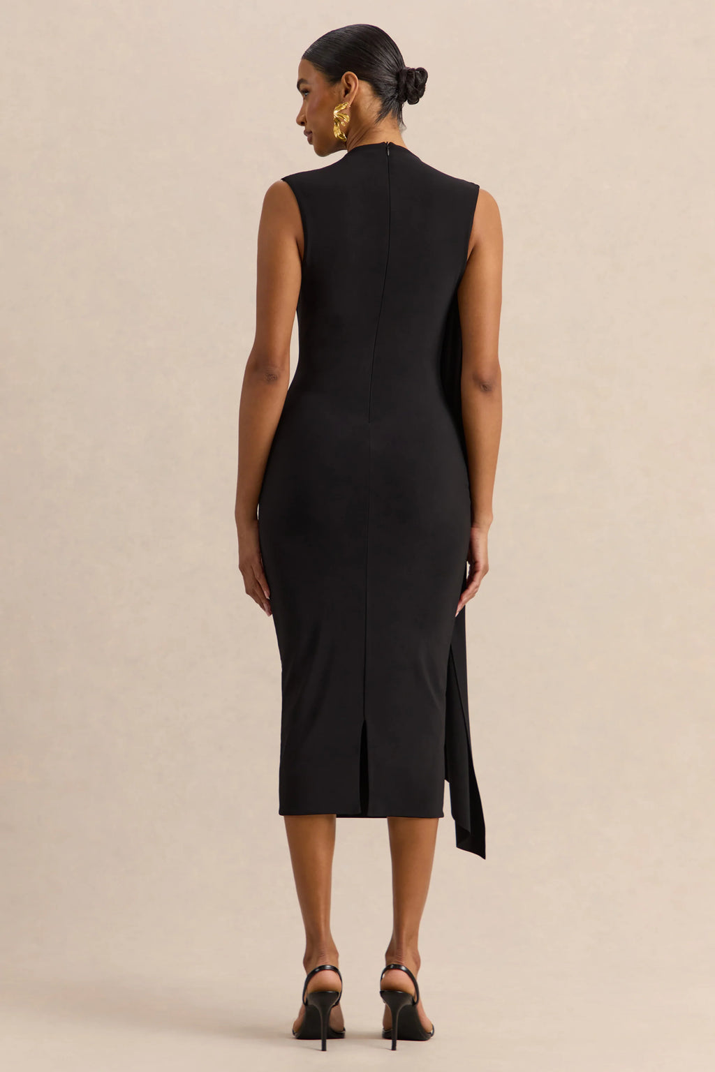 Oleandra | Black High-Neck Midi-Dress With Draped-Detail