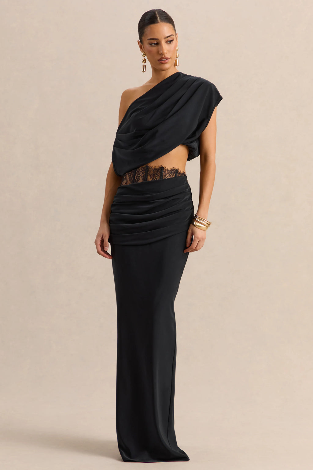 Silora | Black Satin Maxi Skirt With Lace-Detail