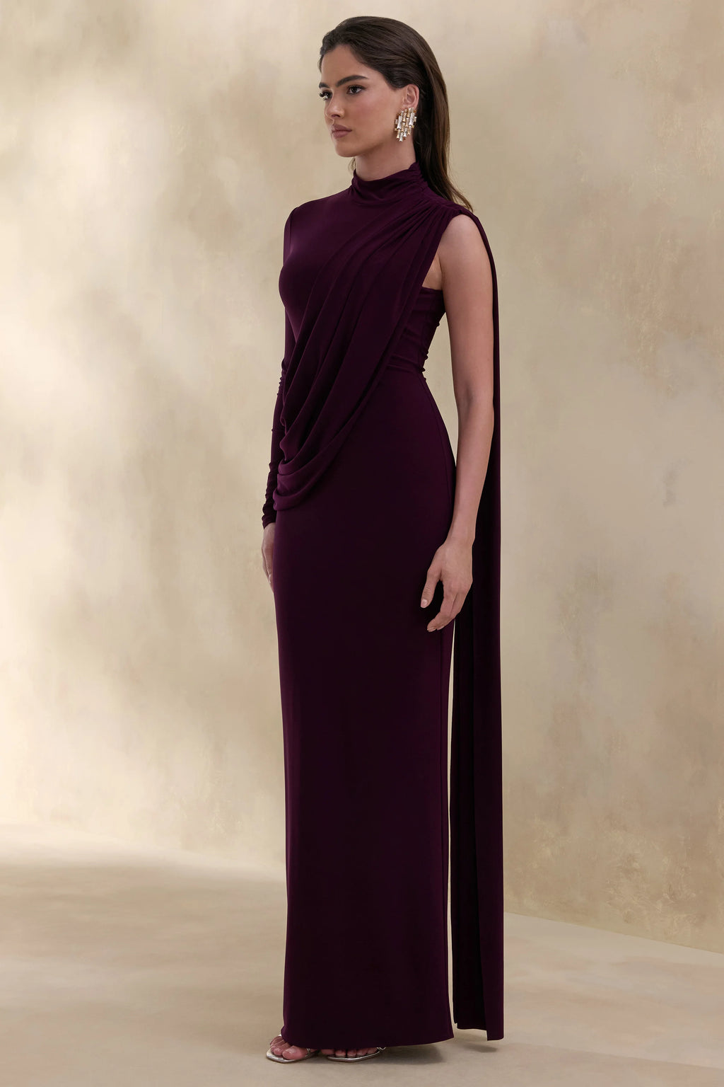 Oliria | Dark Plum High-Neck Maxi Dress With One-Long Sleeve And Sash-Detail