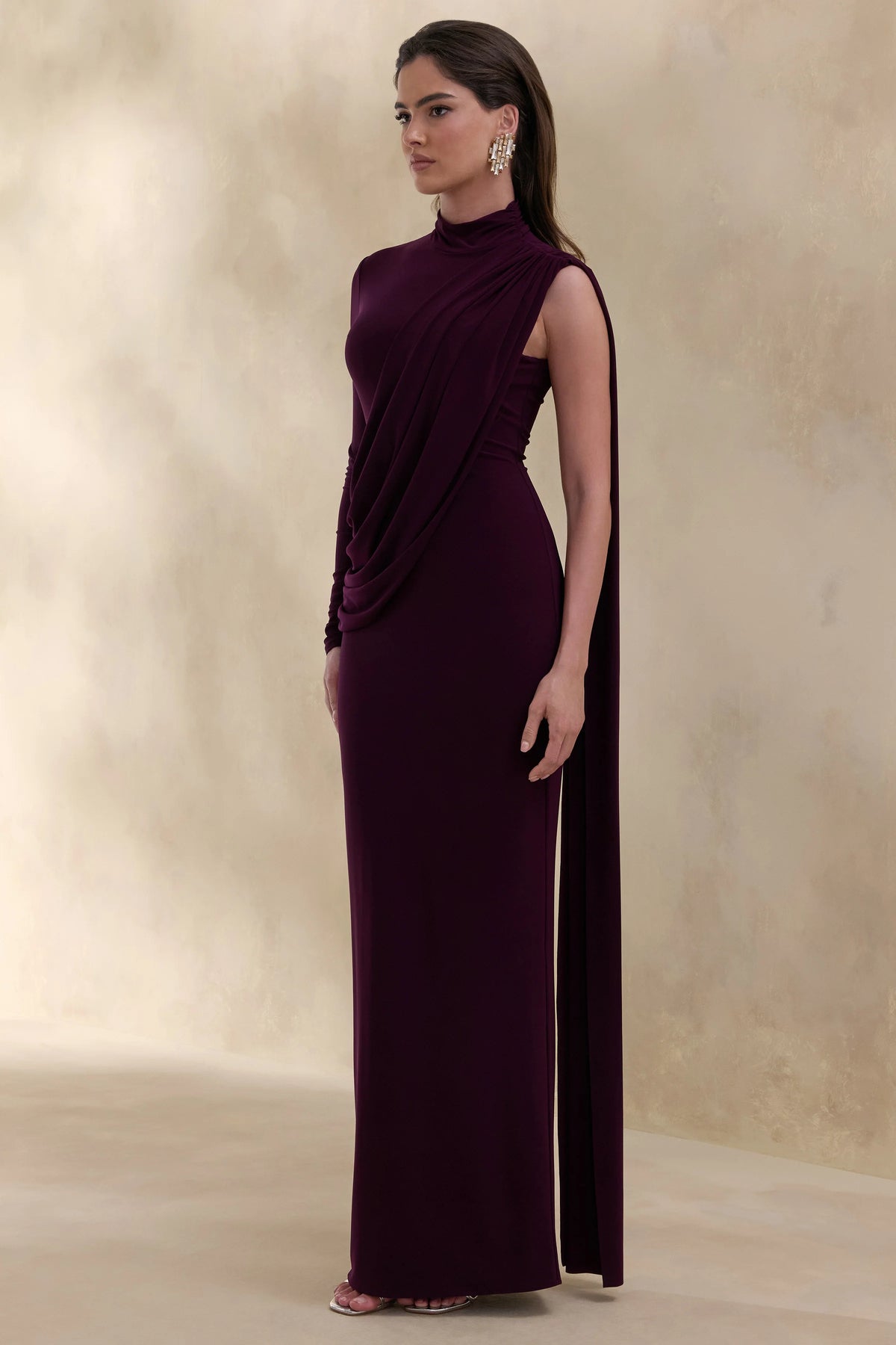 Oliria | Dark Plum High-Neck Maxi Dress With One-Long Sleeve And Sash-Detail