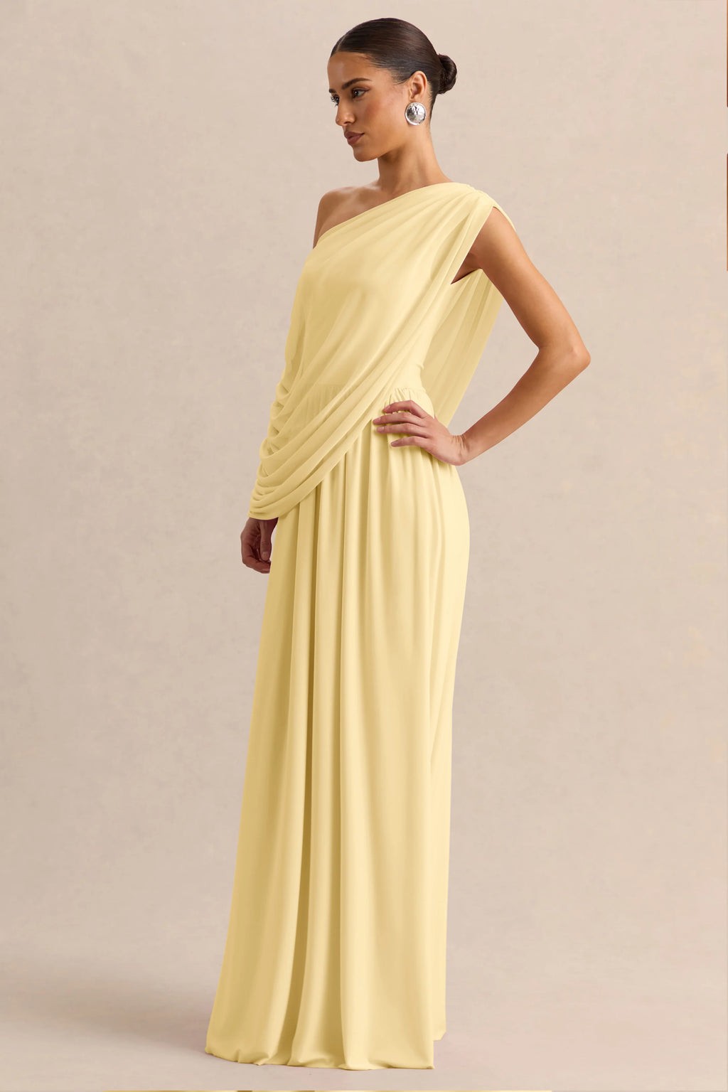 Sabianna | Lemon Asymmetric-Neck Maxi Dress With Draped Detailing