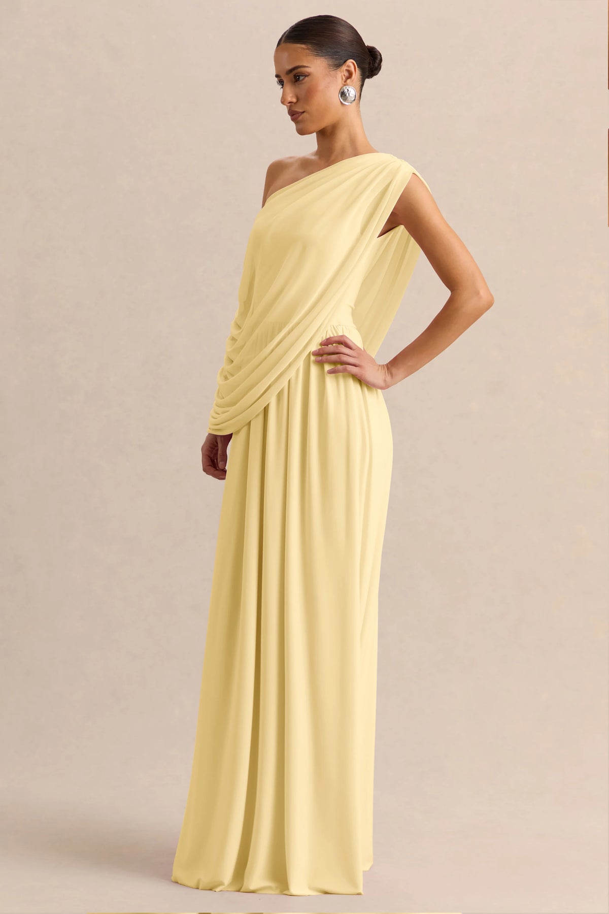 Sabianna | Lemon Asymmetric-Neck Maxi Dress With Draped Detailing